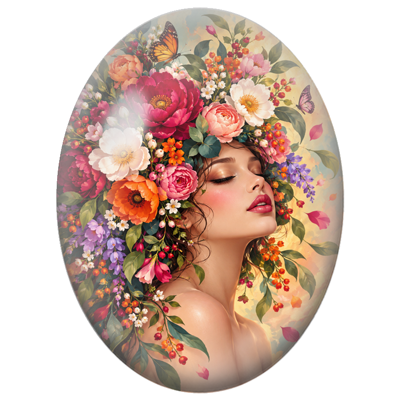 Cabochon en Verre Illustré Femme au Toucan et Bouquet Tropical 13x18, 18x25 ou 30x40mm