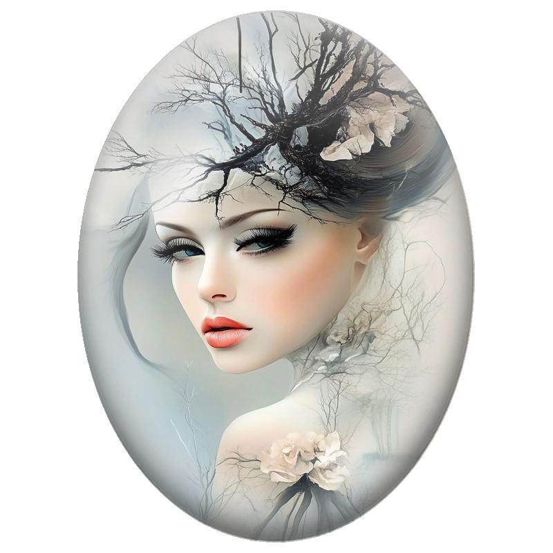 Cabochon en Verre Illustré Femme d’Hiver aux Branches Noires 13x18, 18x25 ou 30x40mm