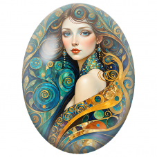 Cabochon en Verre Illustré Femme aux Spirales Turquoise et Dorées pour la Création de Bijoux Fantaisie - DIY