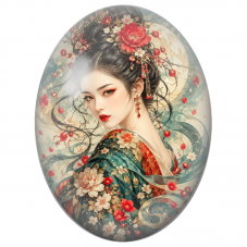 Cabochon en Verre Illustré Femme Japonaise au Kimono Fleuri Turquoise pour la Création de Bijoux Fantaisie - DIY