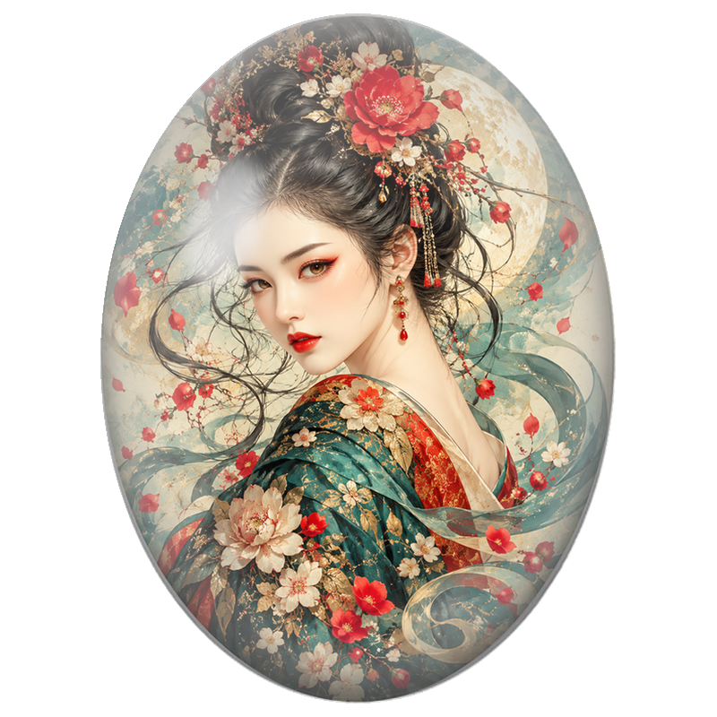 Cabochon en Verre Illustré Femme Japonaise au Kimono Fleuri Turquoise 13x18, 18x25 ou 30x40mm
