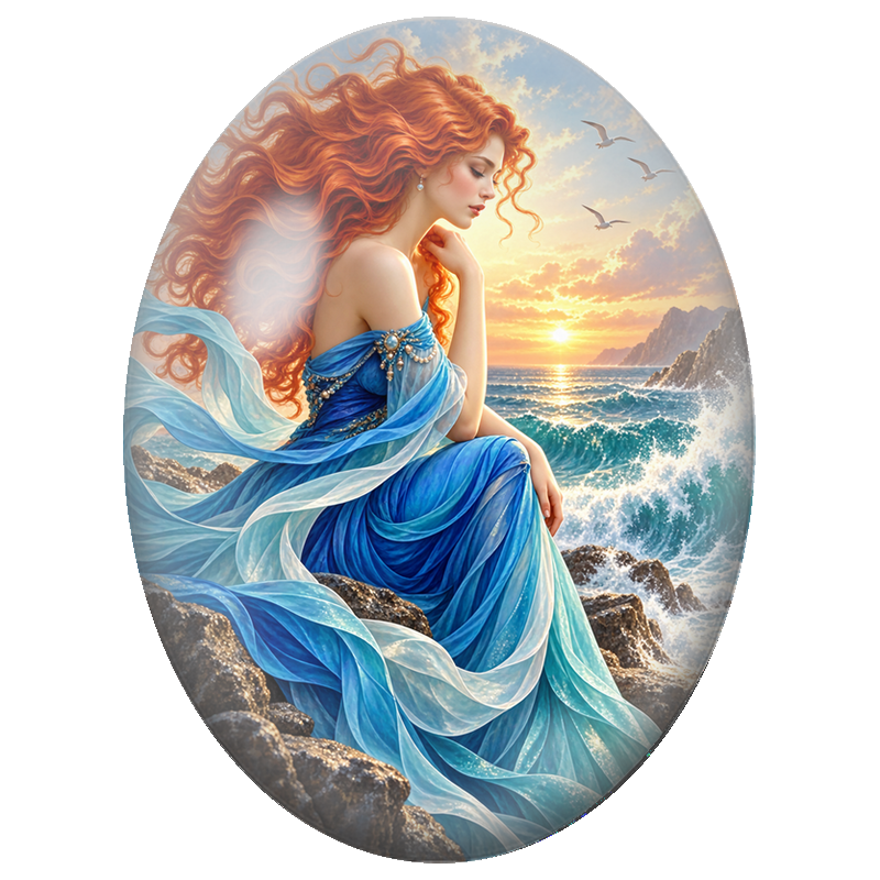 Cabochon en Verre Illustré Femme Rousse en Robe Bleue parmi les Vagues 13x18, 18x25 ou 30x40mm