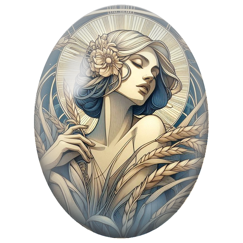 Cabochon en Verre Illustré Femme aux Épis de Blé et Halo Solaire 13x18, 18x25 ou 30x40mm
