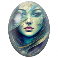 Cabochon en Verre Illustré Visage Féminin au Masque Turquoise et Or pour la Création de Bijoux Fantaisie - DIY