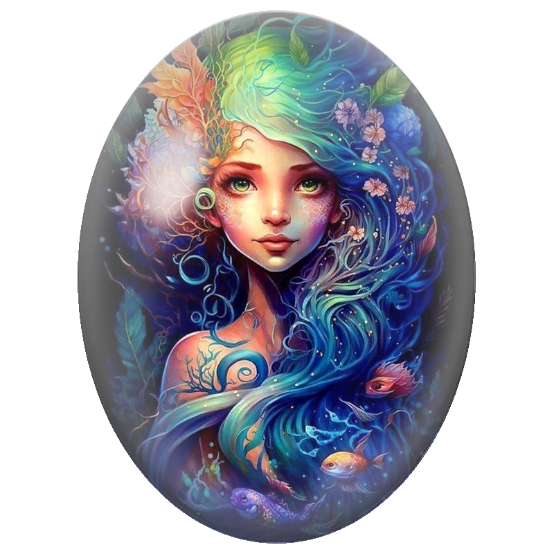 Cabochon en Verre Illustré Femme Aquatique aux Cheveux Multicolores 13x18, 18x25 ou 30x40mm
