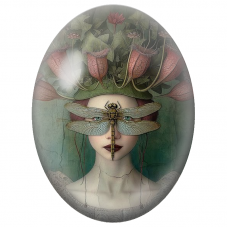 Cabochon en Verre Illustré Femme aux Libellules et Plantes Carnivores pour la Création de Bijoux Fantaisie - DIY