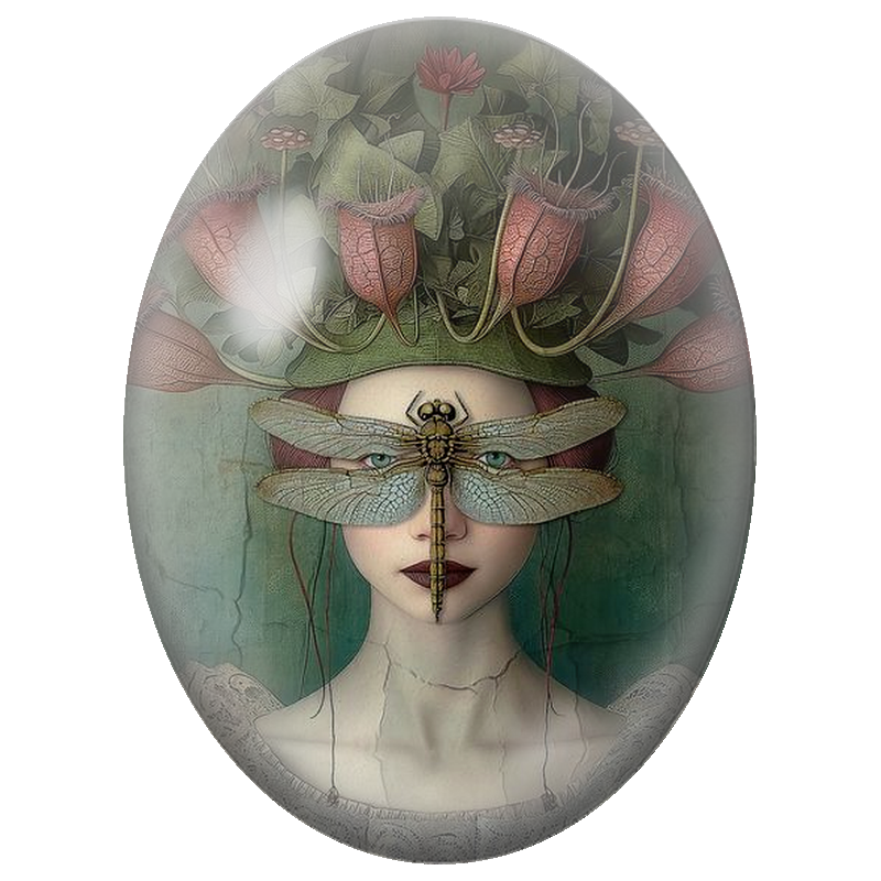 Cabochon en Verre Illustré Femme aux Libellules et Plantes Carnivores 13x18, 18x25 ou 30x40mm