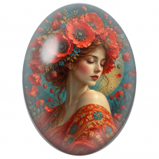 Cabochon en Verre Illustré Femme à la Couronne de Coquelicots Géants pour la Création de Bijoux Fantaisie - DIY