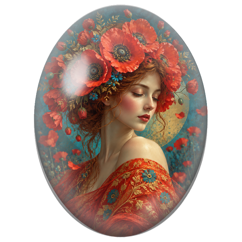 Cabochon en Verre Illustré Femme à la Couronne de Coquelicots Géants 13x18, 18x25 ou 30x40mm