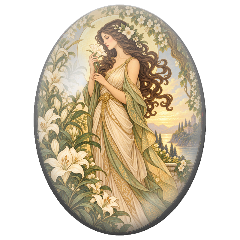 Cabochon en Verre Illustré Femme à la Fleur de Lotus Art Nouveau 13x18, 18x25 ou 30x40mm