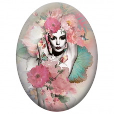Cabochon en Verre Illustré Femme aux Pivoines Roses et Colibris pour la Création de Bijoux Fantaisie - DIY