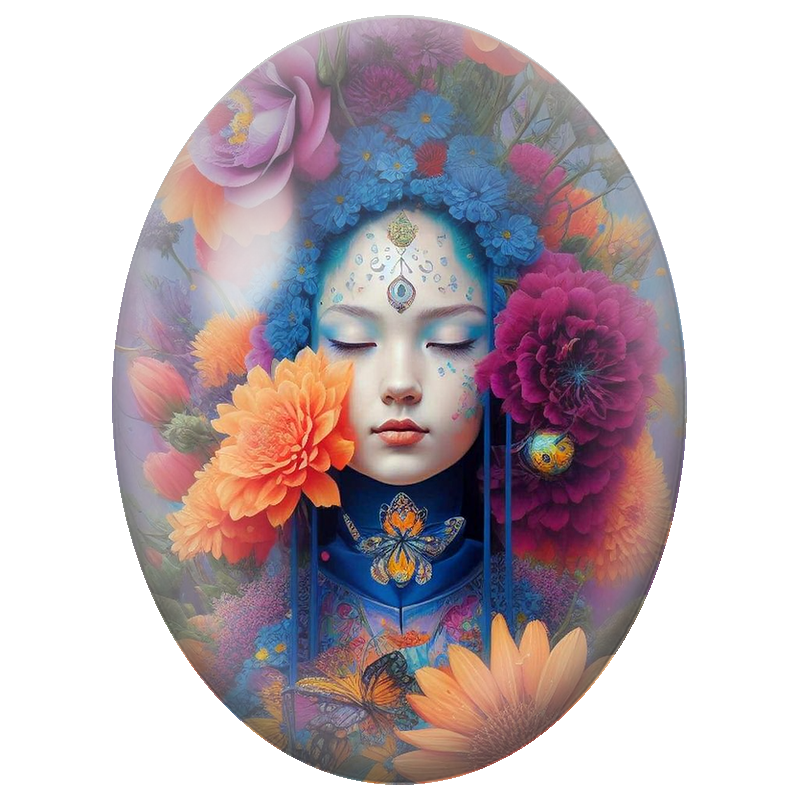 Cabochon en Verre Illustré Femme aux Fleurs Multicolores et Papillons 13x18, 18x25 ou 30x40mm