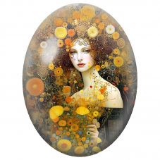Cabochon en Verre Illustré Femme aux Fleurs Jaunes et Chevelure Brune pour la Création de Bijoux Fantaisie - DIY