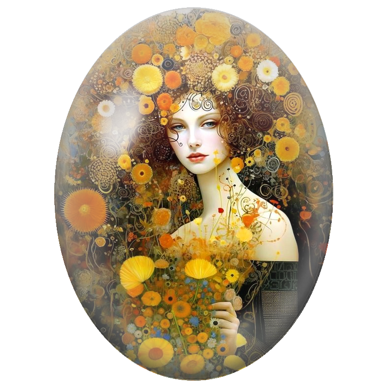 Cabochon en Verre Illustré Femme aux Fleurs Jaunes et Chevelure Brune 13x18, 18x25 ou 30x40mm
