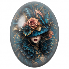 Cabochon en Verre Illustré Femme au Chapeau Papillons Bleu Pétrole pour la Création de Bijoux Fantaisie - DIY