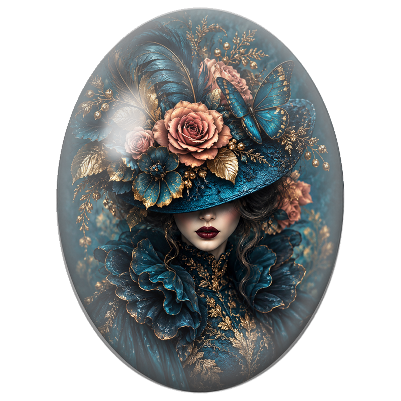 Cabochon en Verre Illustré Femme au Chapeau Papillons Bleu Pétrole 13x18, 18x25 ou 30x40mm