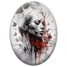 Cabochon en Verre Illustré Femme aux Papillons Noirs et Éclats Rouges pour la Création de Bijoux Fantaisie - DIY