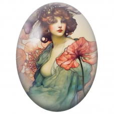 Cabochon en Verre Illustré Femme Rousse aux Grandes Fleurs Art Nouveau pour la Création de Bijoux Fantaisie - DIY