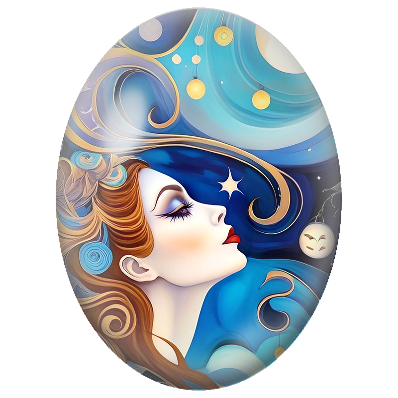 Cabochon en Verre Illustré Femme Rousse sous les Astres Bleus 13x18, 18x25 ou 30x40mm