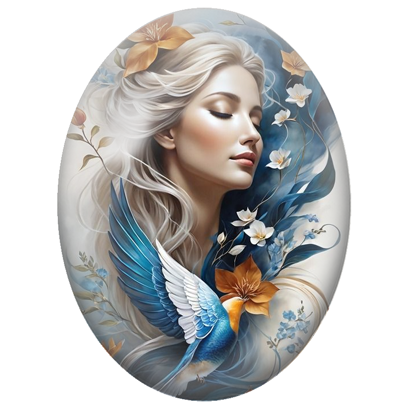 Cabochon en Verre Illustré Femme aux Cheveux Blancs et Colibri Bleu 13x18, 18x25 ou 30x40mm