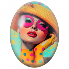 Cabochon en Verre Illustré Femme aux Lunettes Roses et Chapeau à Pois pour la Création de Bijoux Fantaisie - DIY
