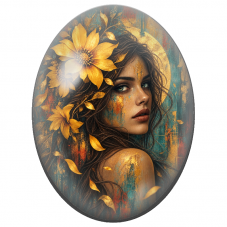 Cabochon en Verre Illustré Visage Féminin à la Grande Fleur Jaune pour la Création de Bijoux Fantaisie - DIY