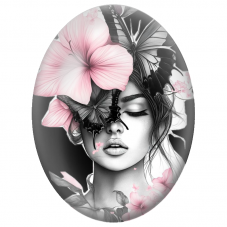Cabochon en Verre Illustré Femme aux Papillons Noirs et Hibiscus Roses pour la Création de Bijoux Fantaisie - DIY