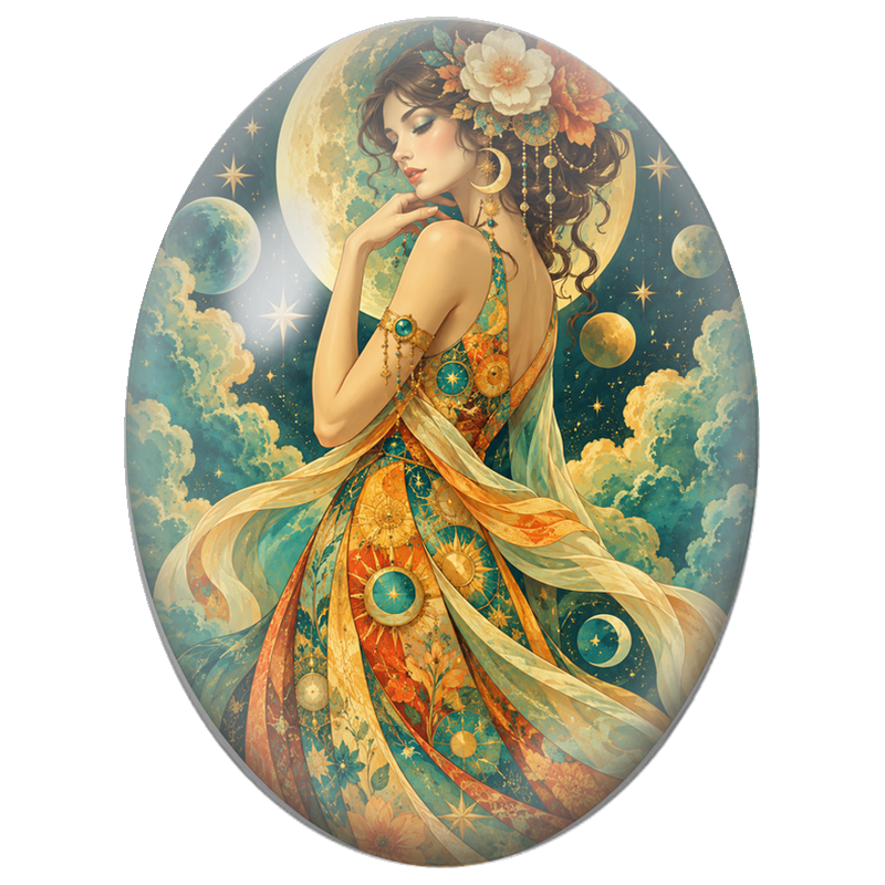Cabochon en Verre Illustré Femme Asiatique en Robe Orange sous le Croissant de Lune 13x18, 18x25 ou 30x40mm