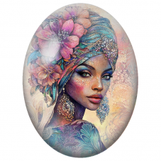 Cabochon en Verre Illustré Femme Africaine au Turban Fleuri Turquoise pour la Création de Bijoux Fantaisie - DIY