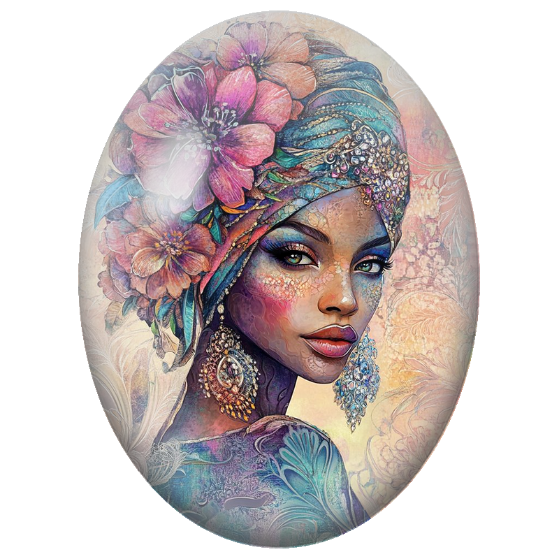 Cabochon en Verre Illustré Femme Africaine au Turban Fleuri Turquoise 13x18, 18x25 ou 30x40mm