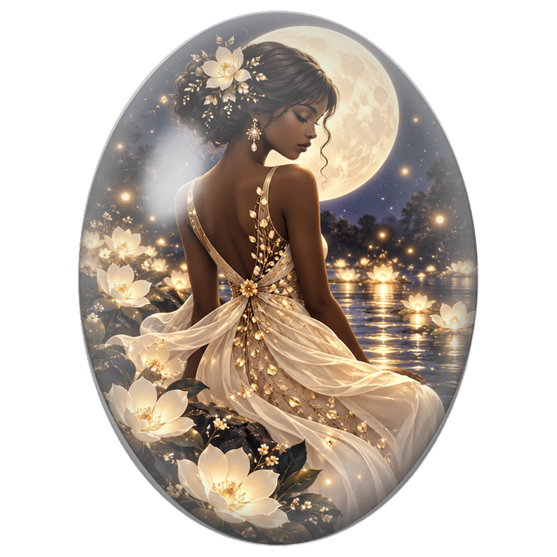 Cabochon en Verre Illustré Femme Noire en Robe Fleurie sous la Pleine Lune 13x18, 18x25 ou 30x40mm