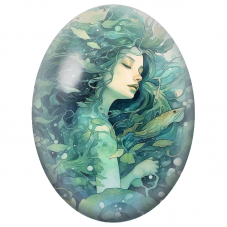 Cabochon en Verre Illustré Femme Aquatique aux Feuillages et Poissons pour la Création de Bijoux Fantaisie - DIY
