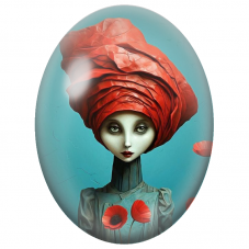 Cabochon en Verre Illustré Femme au Turban Rouge et Coquelicots pour la Création de Bijoux Fantaisie - DIY