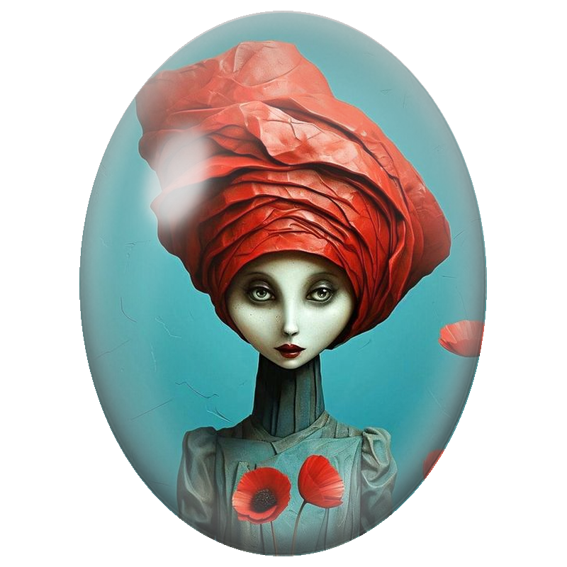 Cabochon en Verre Illustré Femme au Turban Rouge et Coquelicots 13x18, 18x25 ou 30x40mm