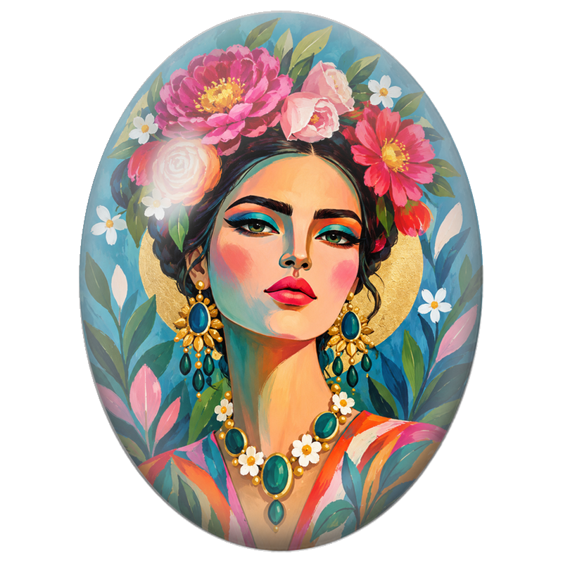 Cabochon en Verre Illustré Frida Kahlo aux Fleurs Roses Pop Art 13x18, 18x25 ou 30x40mm