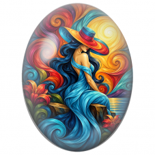 Cabochon en Verre Illustré Femme Bleue au Sombrero Multicolore pour la Création de Bijoux Fantaisie - DIY