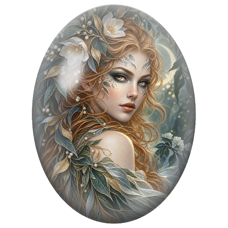 Cabochon en Verre Illustré Femme aux Papillons et Plumes Fantastiques 13x18, 18x25 ou 30x40mm