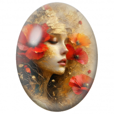 Cabochon en Verre Illustré Visage Féminin aux Coquelicots et Feuilles d’Or pour la Création de Bijoux Fantaisie - DIY