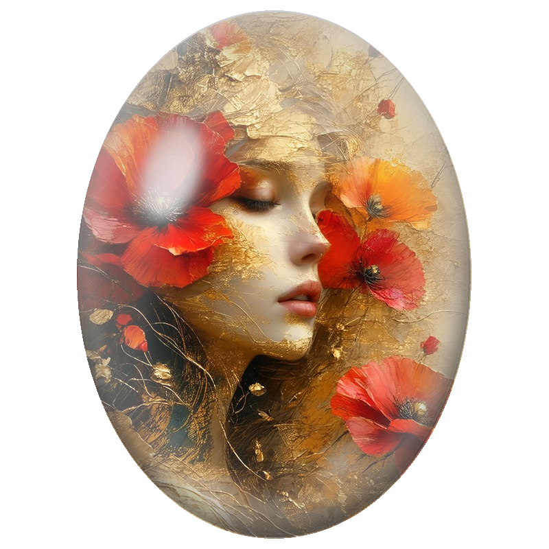 Cabochon en Verre Illustré Visage Féminin aux Coquelicots et Feuilles d’Or 13x18, 18x25 ou 30x40mm