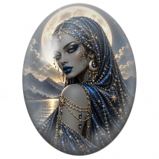 Cabochon en Verre Illustré Femme Noire au Voile Bleu sous la Lune pour la Création de Bijoux Fantaisie - DIY