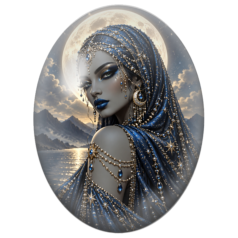 Cabochon en Verre Illustré Femme Noire au Voile Bleu sous la Lune 13x18, 18x25 ou 30x40mm