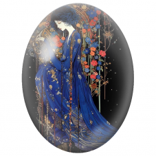 Cabochon en Verre Illustré Femme en Longue Robe Bleue au Jardin Fleuri pour la Création de Bijoux Fantaisie - DIY