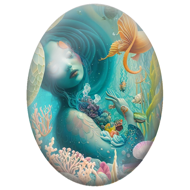 Cabochon en Verre Illustré Femme Endormie dans un Jardin Sous-Marin 13x18, 18x25 ou 30x40mm