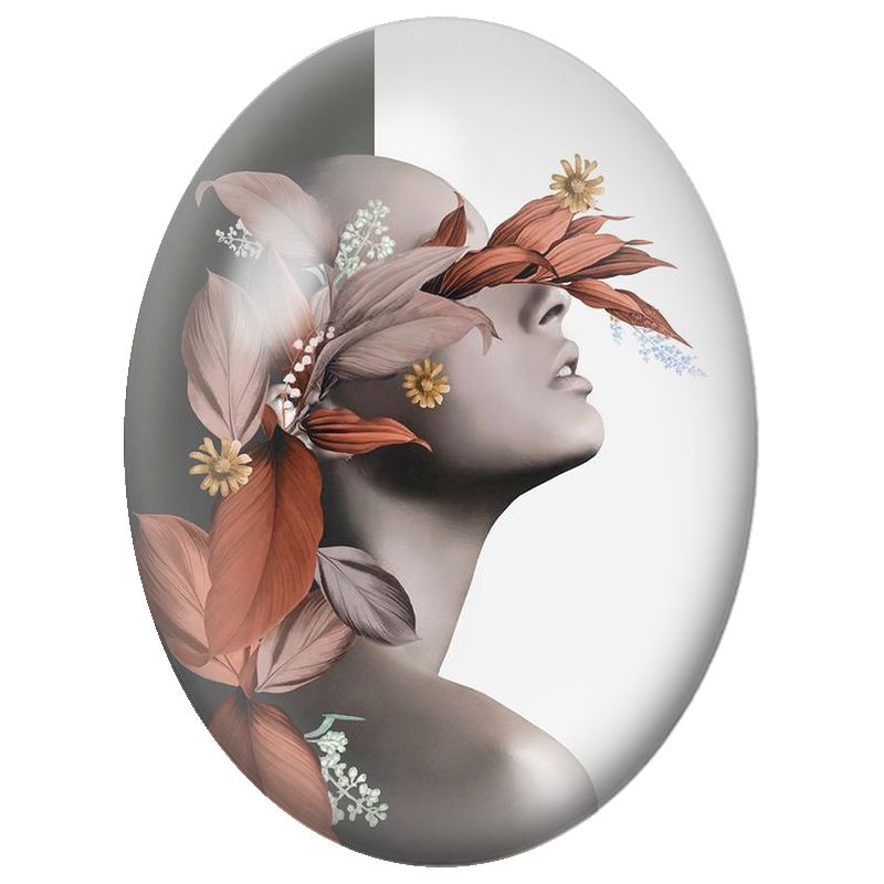 Cabochon en Verre Illustré Femme aux Feuilles Cuivrées sur Fond Noir et Blanc 13x18, 18x25 ou 30x40mm