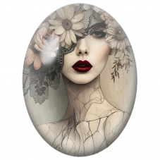 Cabochon en Verre Illustré Femme au Masque de Dentelle et Fleurs Ivoire pour la Création de Bijoux Fantaisie - DIY