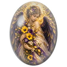 Cabochon en Verre Illustré Ange aux Pensées Jaunes et Violettes pour la Création de Bijoux Fantaisie - DIY