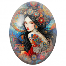 Cabochon en Verre Illustré Femme Asiatique aux Mandalas Colorés pour la Création de Bijoux Fantaisie - DIY