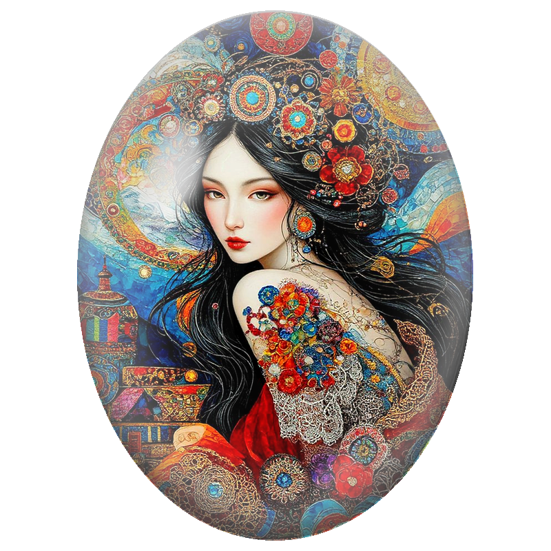 Cabochon en Verre Illustré Femme Asiatique aux Mandalas Colorés 13x18, 18x25 ou 30x40mm