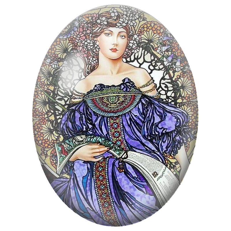 Cabochon en Verre Illustré Femme en Robe Violette au Livre Art Nouveau 13x18, 18x25 ou 30x40mm