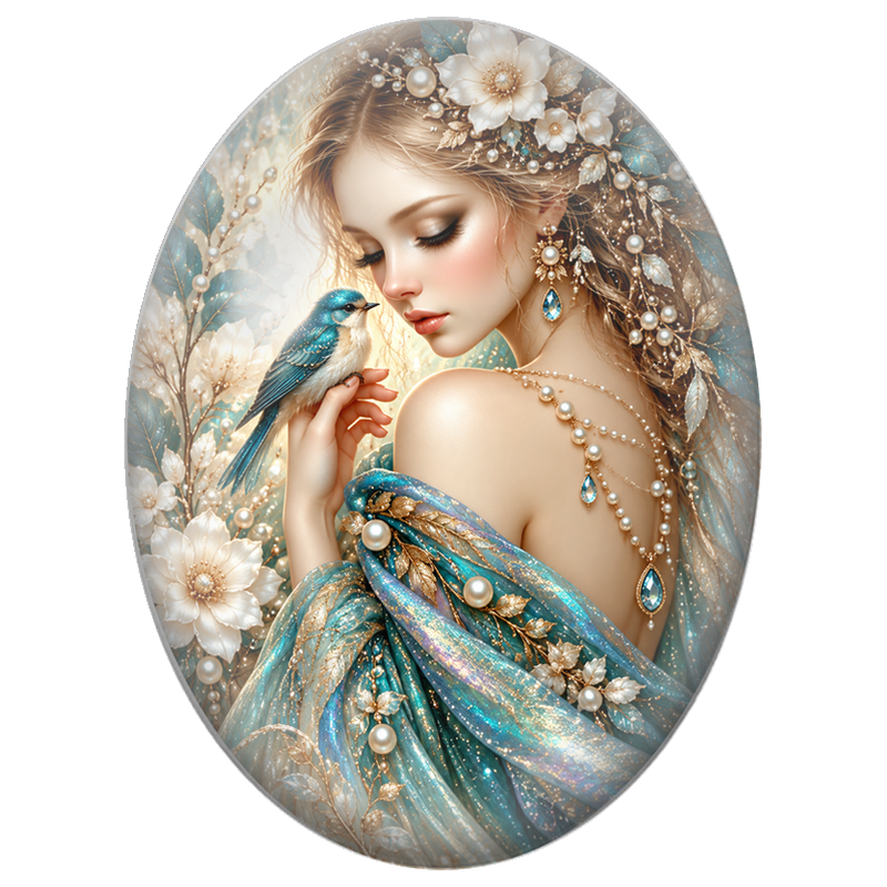 Cabochon en Verre Illustré Fée aux Perles et Ailes Irisées 13x18, 18x25 ou 30x40mm